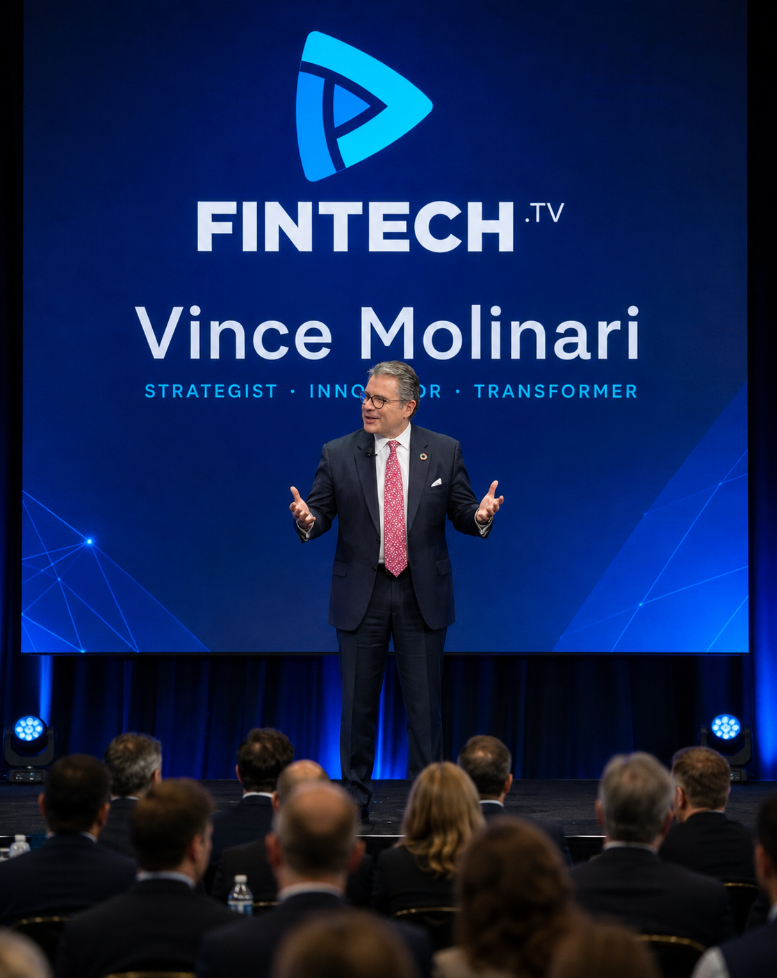 Vince Molinari speaking on stage at a global finance and fintech conference